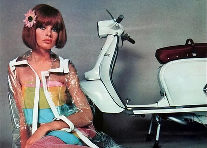 Vintage Greeting Card featuring the mixed media 1960s Advertisement Motor Scooter With Fashion Model by Retrographs