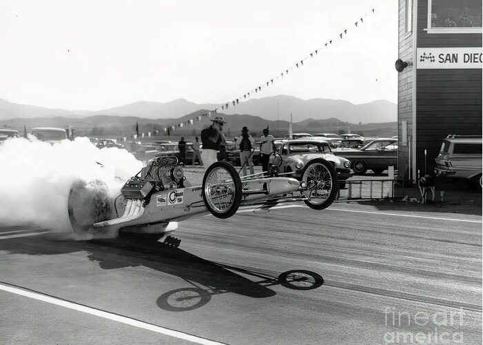 Vintage Greeting Card featuring the photograph 1960s Dragster Leaving The Line At California Drag Strip by Retrographs