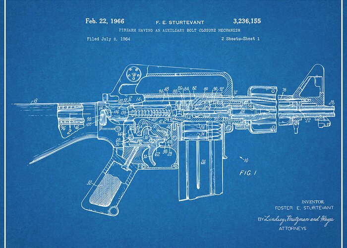 Ar15 Greeting Card featuring the drawing 1966 AR15 Assault Rifle Patent Print, M-16, Blueprint by Greg Edwards