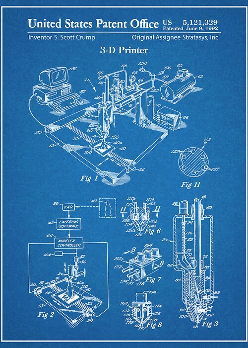 3d Printer Greeting Card featuring the drawing 1992 3D Printer Patent Print Blueprint by Greg Edwards