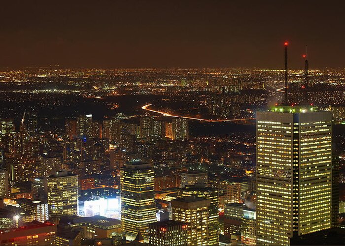 Toronto Greeting Card featuring the photograph Aerial View Of Toronto Lit Up At Night #2 by Peter Muller