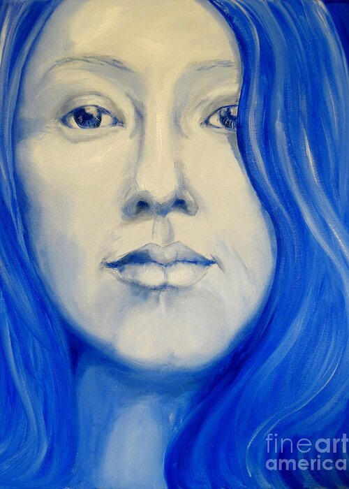 Portrait Mouth Eyes Nose Chin Hair Blue White Yellow Soft Determined Steady Greeting Card featuring the painting Alisha by Ida Eriksen