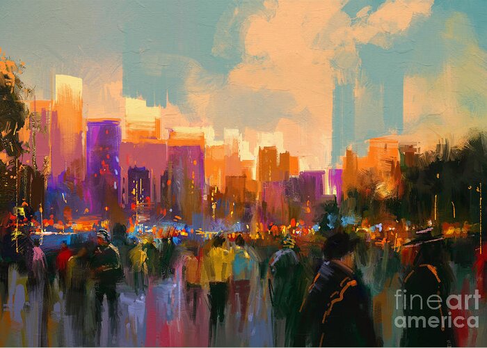 City Greeting Card featuring the digital art Beautiful Painting Of People In A City by Tithi Luadthong