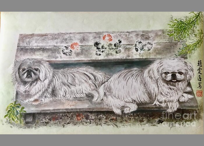 Pekes Dog Greeting Card featuring the painting Two Pekes Dogs by Carmen Lam