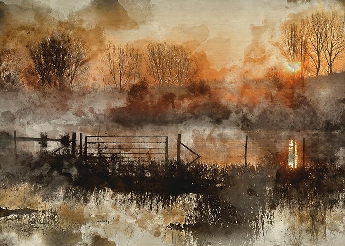 Landscape Greeting Card featuring the photograph Digital watercolour painting of Landscape of lake in mist with s #2 by Matthew Gibson
