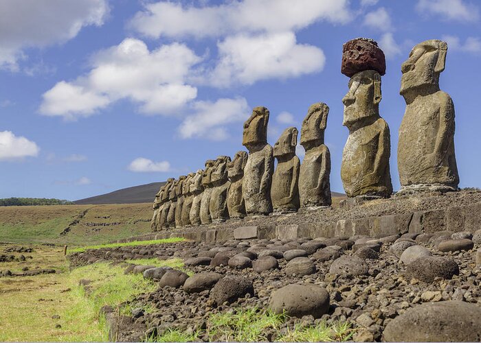 Statue Greeting Card featuring the photograph Moai Statues At Ahu Tongariki, Easter #2 by David Madison