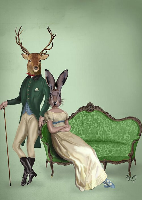 Steampunk Greeting Card featuring the painting Mr Deer And Mrs Rabbit #2 by Fab Funky