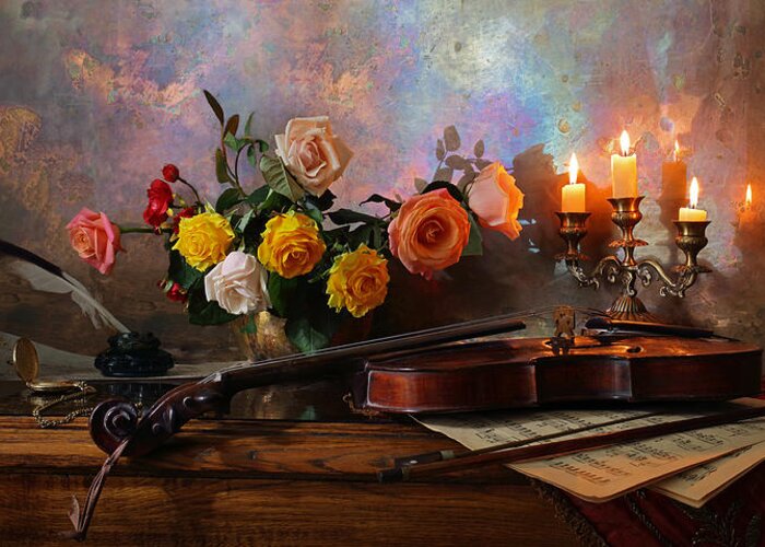 Flowers Greeting Card featuring the photograph Still Life With Violin And Flowers by Andrey Morozov