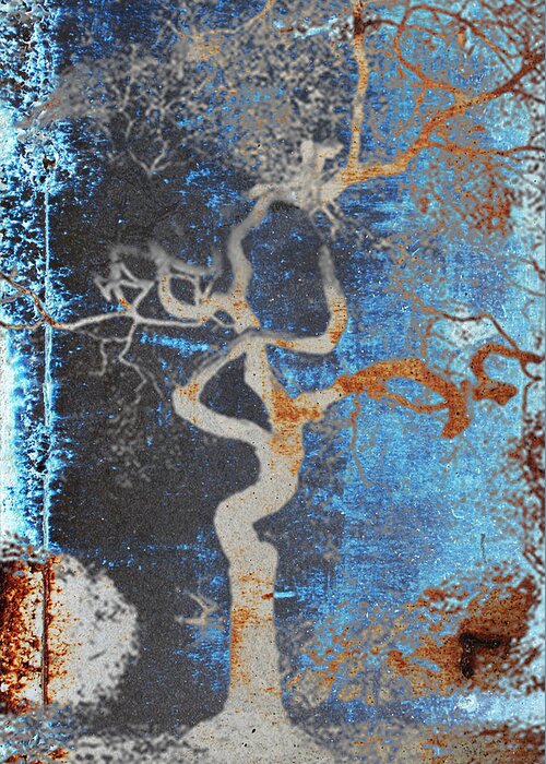 Chocolate Greeting Card featuring the painting 2000 year old TOKYO TREE in Grunge blue and brown by Robert R Splashy Art Abstract Paintings