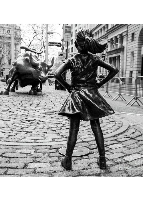 Computer Greeting Card featuring the photograph Vintage Fearless Girl and Wall Street Bull Statue #4 by Doc Braham