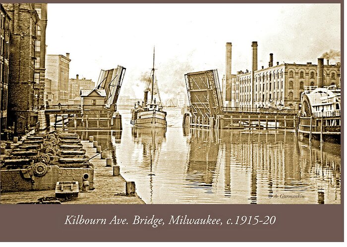 Vintage Photograph Greeting Card featuring the photograph Kilbourn Avenue Bridge, Milwaukee, Wisconsin, 1915-1920, Vintage #3 by A Macarthur Gurmankin