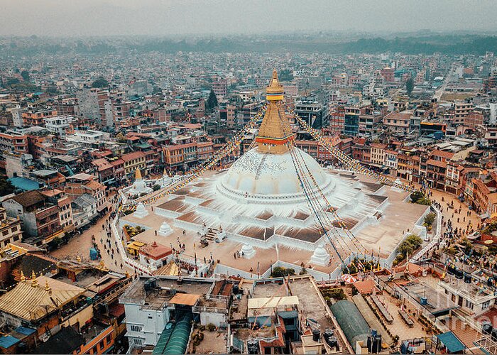 Buddhist Greeting Card featuring the photograph Stupa temple Bodhnath Kathmandu, Nepal from air October 12 2018 #4 by Raimond Klavins