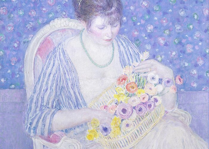 The Basket Of Flowers Greeting Card featuring the painting The Basket of Flowers by Frederick Carl Frieseke