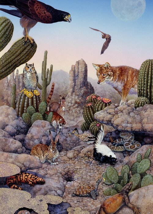 Desert Scene With Falcon And Cactus Greeting Card featuring the painting 407 Desert by Tim Knepp