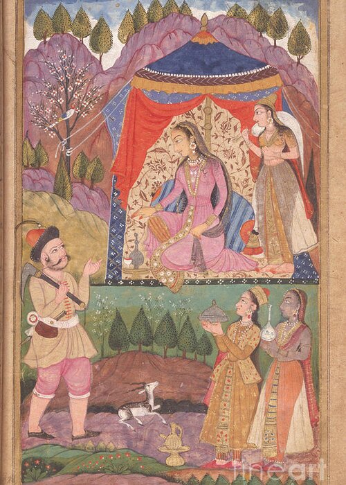 Female Greeting Card featuring the painting 48.6/2 Folio 138 Farhad Recounts His Adventures To Princess Shirin, From The 'khusrau And Shirin', Deccani School, 1722 by Indian School