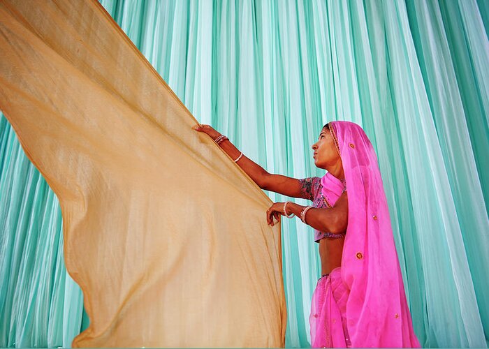 Hanging Greeting Card featuring the photograph India, Rajasthan, Sari Factory #5 by Tuul & Bruno Morandi