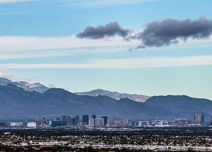 Strip Greeting Card featuring the photograph Las vegas city surrounded by red rock mountains and valley of fi #5 by Alex Grichenko