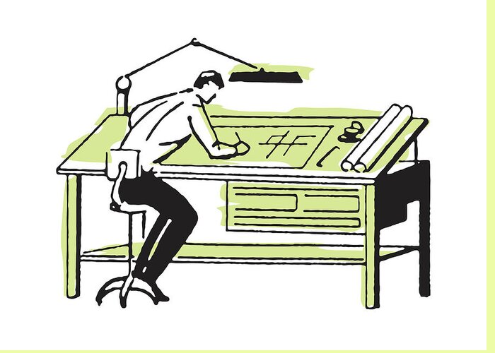 Architect Greeting Card featuring the drawing Man Working at Drafting Table #5 by CSA Images