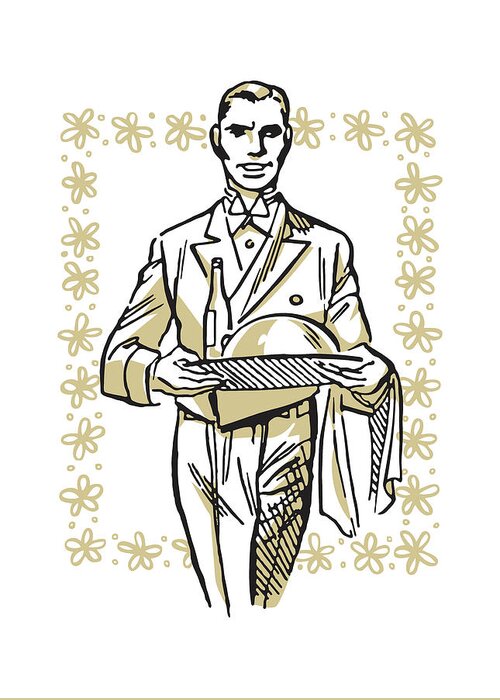 Adult Greeting Card featuring the drawing Waiter with Covered Dish #5 by CSA Images