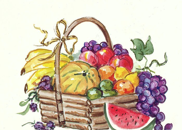 Watermelon And Fruit Basket Greeting Card featuring the painting 601 Watermelon And Fruit Basket by Barbara Mock
