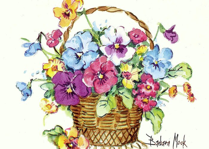 Pansy Basket Miniature Greeting Card featuring the painting 602 Pansy Basket Miniature by Barbara Mock