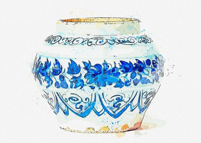 Pottery Greeting Card featuring the painting A BLUE AND WHITE CHRYSANTHEMUM JARLET YUAN DYNASTY 1279-1368 watercolor by Ahmet Asar by Celestial Images