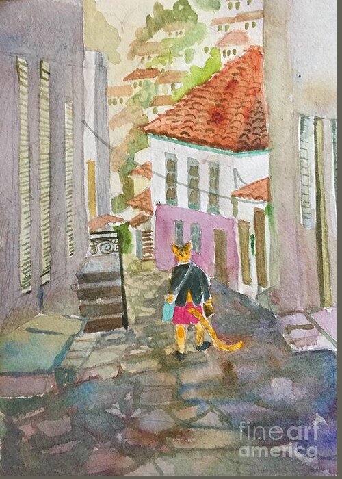 Cat Greek Islands Animals Fanciful Greeting Card featuring the painting A Cat Takes a Walk in Hydra by Diane Renchler