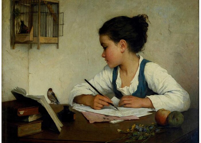 Girl Greeting Card featuring the painting A Girl Writing. The Pet Goldfinch by Henriette Browne by Celestial Images