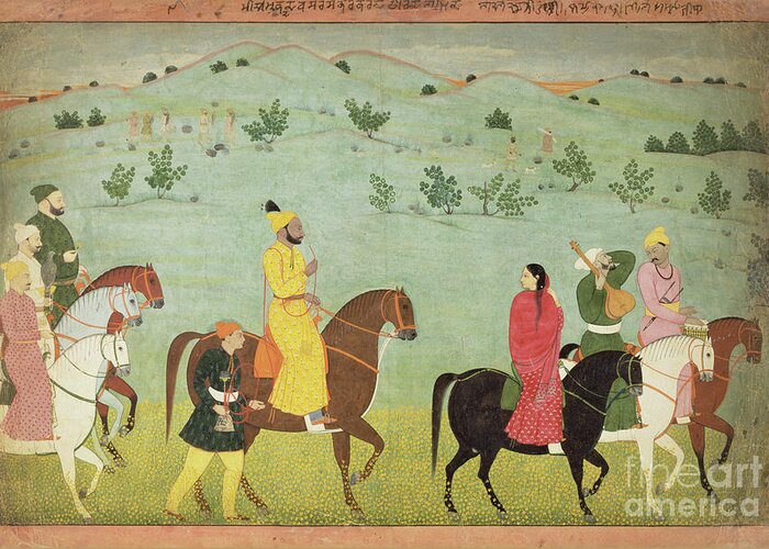 Horse Greeting Card featuring the painting A Jasrota Prince, Possibly Balwant Singh, On A Riding Expedition, By Nainsukh by Indian School