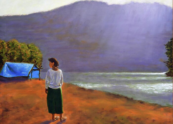 A Lake In Munnar Greeting Card featuring the painting A lake in Munnar by Uma Krishnamoorthy