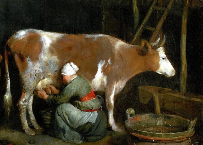 Gerard Ter Borch Greeting Card featuring the painting A Maid Milking a Cow in a Barn by Audrey Jeanne Roberts