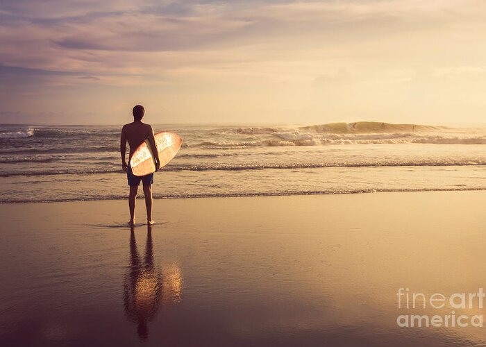 Surfing Greeting Card featuring the photograph A Man Is Standing With A Surf by Mariia Smeshkova