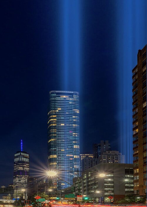 World Trade Center Greeting Card featuring the photograph A NYC 911 Tribute In light by Susan Candelario