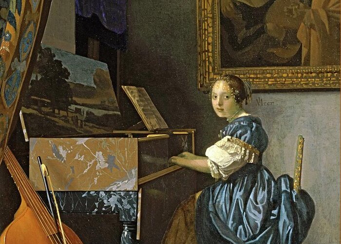 Johannes Vermeer Greeting Card featuring the painting A young woman seated at the virginal, around 1670, oil on canvas, 51,5 x 45,5 cm. by Jan Vermeer -1632-1675-
