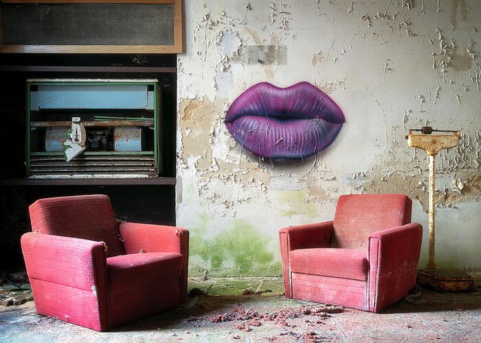 Urban Greeting Card featuring the photograph Abandoned Chairs and Lips by Roman Robroek