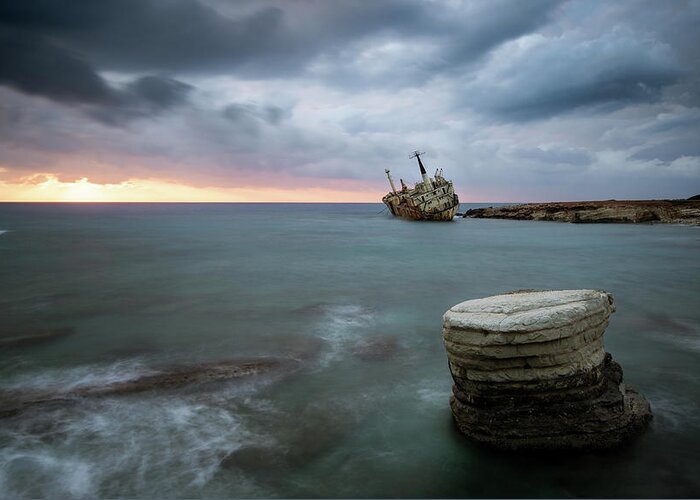Seascape; Coastline; Sunset; Sundown Greeting Card featuring the photograph Abandoned Ship EDRO III Cyprus by Michalakis Ppalis