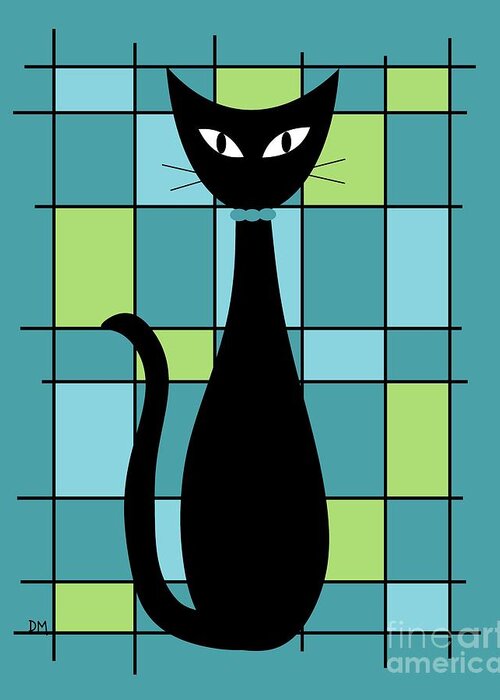  Greeting Card featuring the digital art Abstract Cat in Teal by Donna Mibus