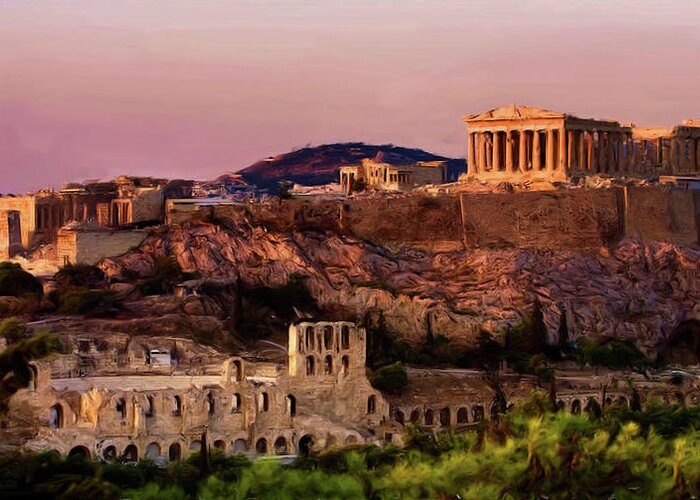 Troy Caperton Greeting Card featuring the painting Acropolis at Twilight by Troy Caperton