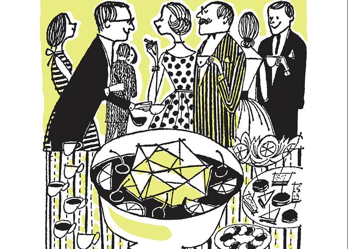 Adult Greeting Card featuring the drawing Adults at Party with Punch Bowl and Food by CSA Images