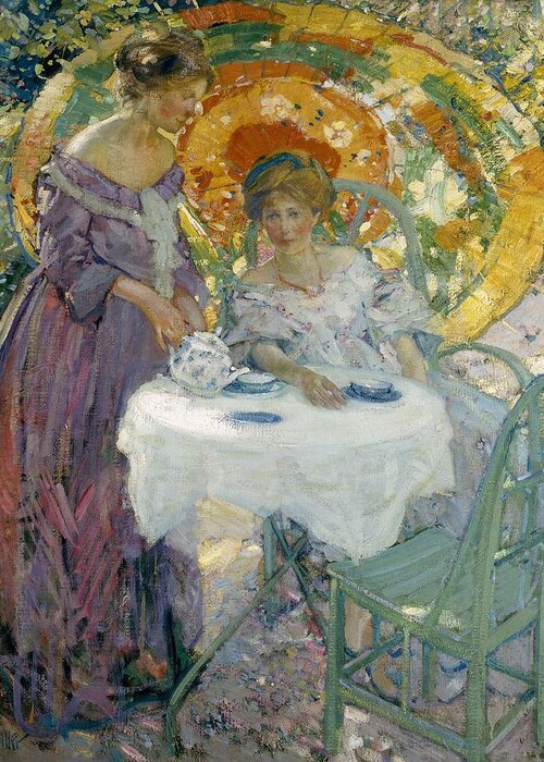 Girl Greeting Card featuring the painting Afternoon Tea 1910 Richard Emile Miller by Richard Emile Miller