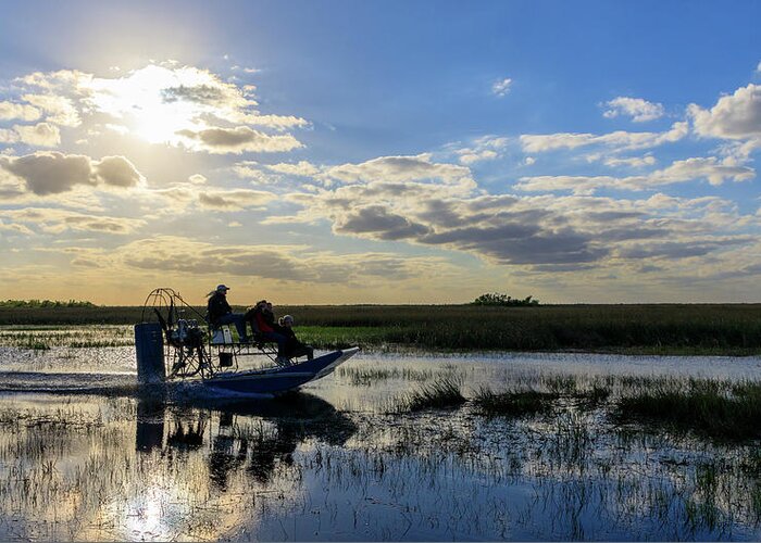 Airboat Greeting Card featuring the photograph Airboat at Sunset #660 by Michael Fryd