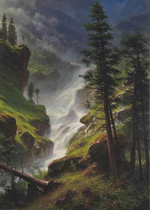 Sheep Greeting Card featuring the painting Albert_Bierstadt_-_Rocky_Mountain_Waterfall_1898 by Albert Bierstadt