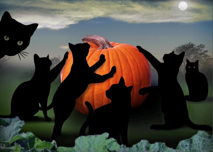 2d Greeting Card featuring the digital art All Hallows Eve Black Cats by Brian Wallace