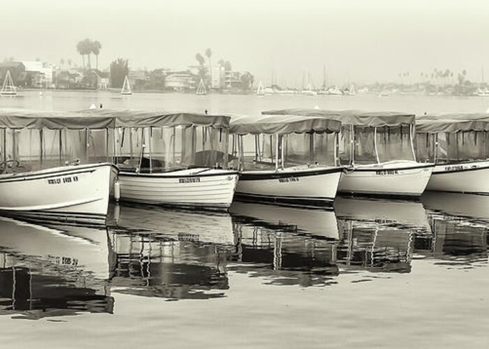Electric Boats Greeting Card featuring the photograph All In A row by Arthur Bohlmann