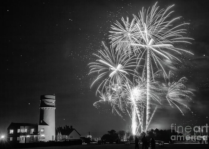 Norfolk Greeting Card featuring the photograph Norfolk lighthouse and fireworks by Simon Bratt
