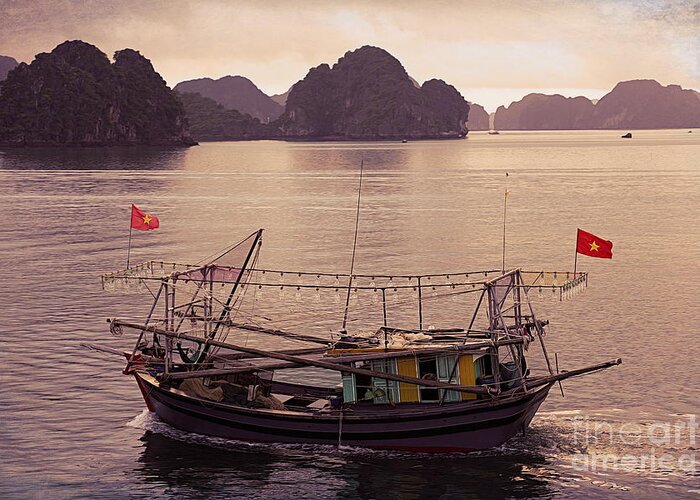 Vietnam Greeting Card featuring the photograph Amber Tones Fishing Vessel Vietnam by Chuck Kuhn