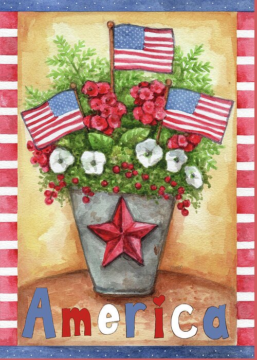 America Flowers In Bucket Flags Greeting Card featuring the painting America Flowers In Bucket Flags by Melinda Hipsher