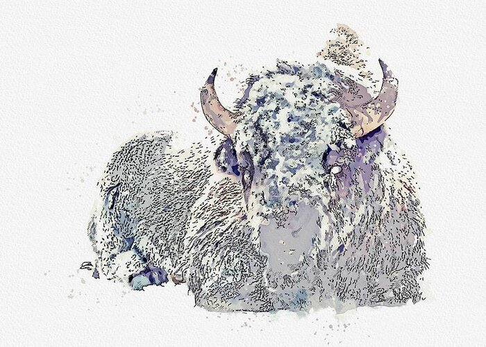 Buffalo Greeting Card featuring the painting American Bison in Winter Landscape 2 watercolor by Ahmet Asar by Celestial Images