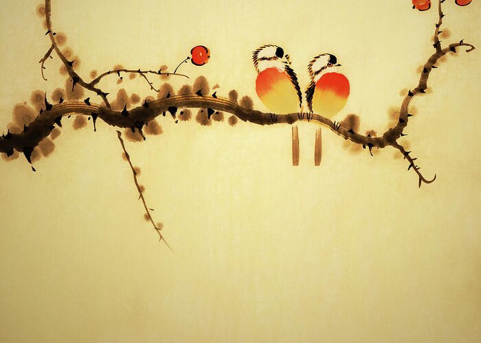 Chinese Culture Greeting Card featuring the digital art An Illustration Of Two Birds On A Branch by Vii-photo