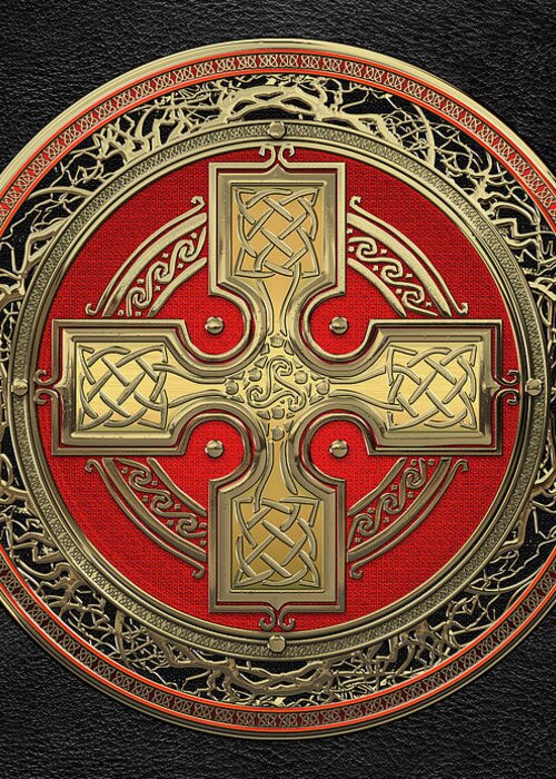 ‘celtic Treasures’ Collection By Serge Averbukh Greeting Card featuring the digital art Ancient Celtic Sacred Gold Knot Cross over Black Leather by Serge Averbukh